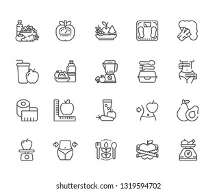 Set of diet Related Vector Line Icons. Includes such Icons as fitness, calories, gym, lean, fat, vegetables, vitamins, fruit, juice, fresh, cocktail, weight, natural, weight, water