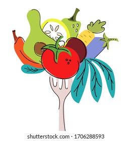 Conjunto de verduras vegetarianas en un tenedor. Zanahorias, berenjena, aguacate, remolacha, tomate, limón, pimienta. Estilo de vida saludable. Nutrición adecuada. Ilustración vectorial dibujada a mano. Plano.