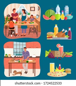 Set Of Dietary Food Compositions, Collection Of People Cooking Meal. Family Preparing Food For Holidays. Bachelor Cooking At Home With Pet. Watermelon And Water, Chicken And Junk Products Vector