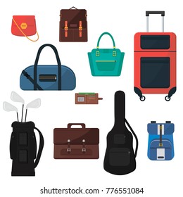 Set of difenent bags. Suitcase on wheels, woman's handbags, guitar case, golf bag, schooler backpack, man's briefcase, wallet. Colorful accessories. Flat vector design isolated on white background.