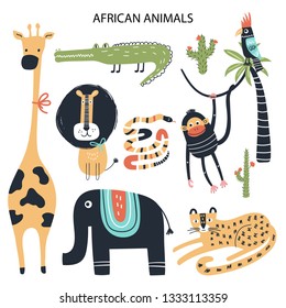 Set of diferent cartoon African animals. Cute handdrawn kids clip art collection. Vector illustration.
