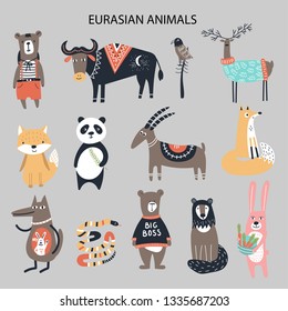 Set of diferent cartoon Eurasian animals. Cute handdrawn kids clip art collection. Vector illustration.