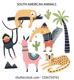 Set of diferent cartoon South American animals. Cute handdrawn kids clip art collection. Vector illustration.