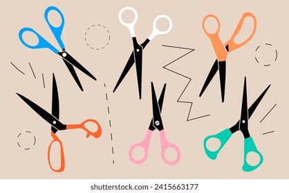 Set of diferent colored scissors vector. Scissor icon in cartoon and flat style. Open cutting or nippers. Vector illustration.