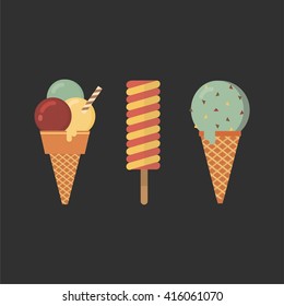 Set of diferent colored tasty ice cream cones 