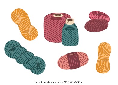 Set of diferent colorful balls of yarn and skeins and spool of thread for knitting. Vector flat illustration, isolated, cartoon.