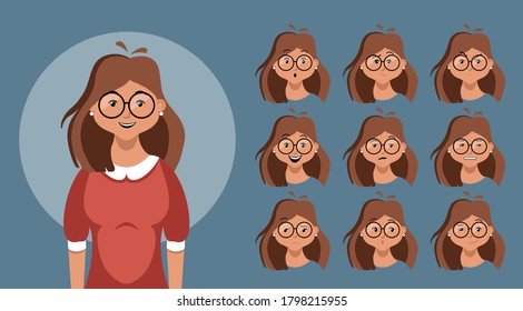 Set of diferent female facial emotions. Girl cartoon character design. Business style. Avatar emoji vector illustration isolated on white background.