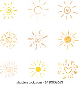 Set of diferent hand dranw icons of sun. Isolated elements.