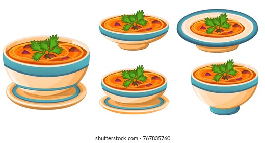 Set of diferent plates with italian minestrone soup isolated on white background