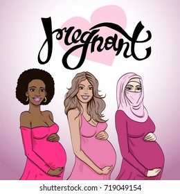 set diferent pregnant woman in  prepared for maternity. 