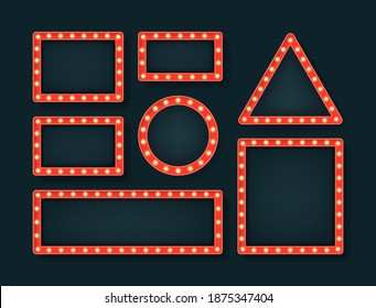 Establecer el marco de la bombilla retro de forma diferente. Cartel de una caja de luz con fondo transparente vacío. Espacio para publicidad, promoción y texto. Ilustración vectorial.