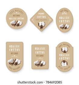 Set of diferent shapes of tags with photo realistic cotton on a beige background and inscription hundred percent natural organic cotton and best choise. Perfect for busines labels, price textile