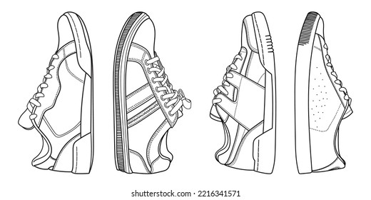 Set of diferent vector hand drawing illustration with sneakers, gym shoes side view. Outline doodle 