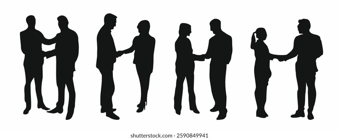 Set of differen business people shaking hands for greeting silhouettes. Handshake black flat vector illustrations isolated on white background