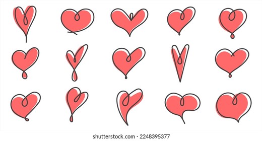 Set of difference one line drawing hearts. Design elements for Valentines day.