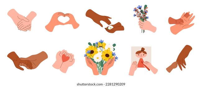 Set of differense race hands woman and child holding together. Motherhood, love, relationships concept. Mother's day design element. Vector Illustration isolated on white background.