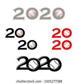 Set of different 2020 numbers and baseball symbols isolated on white background