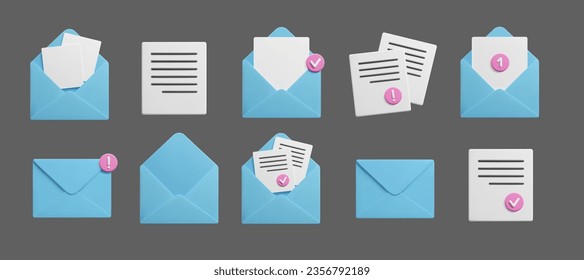 Conjunto de diferentes sobres de correo electrónico 3D aislados en un fondo oscuro. Sobres de correo electrónico azul 3D, cartas de correo, documentos de negocios, paquete de correspondencia. Correo electrónico 3D nuevas notificaciones de mensajes.