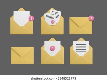 Set von verschiedenen 3D-E-Mail-Buchstaben Vektorsymbole einzeln auf dunkel. Gelbe 3D-E-Mail-Briefumschläge offen und geschlossen mit neuen Nachrichten-Benachrichtigungen, Geschäftskommunikation, Web-Postfachzeichen, Internet-Spam-Posteingang