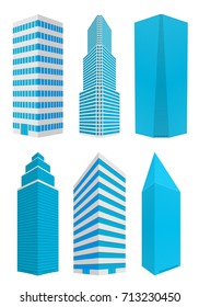 Set of different 3D glass and concrete high skyscrapers with inputs with blue windows and doors on a white background. Modern residential and office high rise buildings