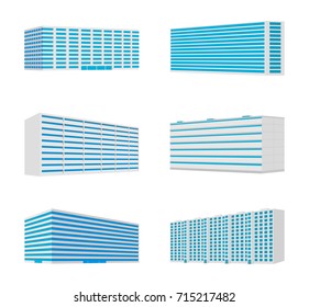 Set of different 3D glass and concrete block of flats with inputs with blue windows and doors on a white background. Modern residential, office rise and shop buildings 