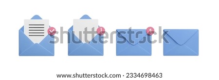 Set of different 3D mail letter envelopes isolated on white. Cute cartoon style blue 3d emails: open and closed envelopes with letters and new message notification vector illustration 3d render.