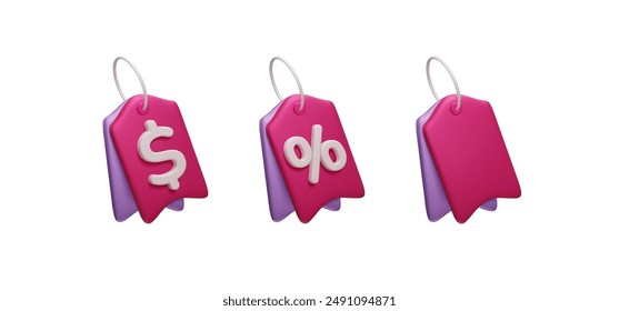 Set of different 3D price tags isolated on white. Magenta pink dollar price tag, discount percent label, empty double gift tag. Online shopping, special offer, retail commercial price tag 3D icon set.