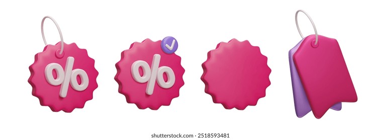 Set of different 3D price tags isolated on white. Pink special offer promo coupon voucher, hanging price tag, discount sale percent badge sticker notification sign. Cashback promotion shopping set.