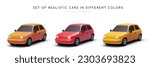 Set of different 3d realistic automobiles. Urban, city transport concept. Poster for car sales and rental company. Vector illustration in cartoon style in red and yellow colors