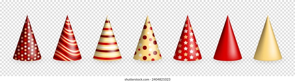 Set of different 3d realistic red and golden party hats for birthday celebration. Three dimensional isometric birthday caps, festive glossy party cones with various patterns for carnival, masquerade