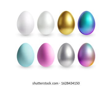 Set of different 3D realistic, shiny, golden, holographic Easter eggs isolated on white background. Vector illustration EPS10