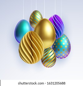 Set of different 3D realistic, shiny, golden, holographic Easter eggs isolated on white background. Vector illustration EPS10