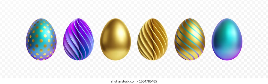 Set of different 3D realistic, shiny, golden, holographic Easter eggs isolated on white background. Vector illustration EPS10