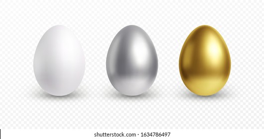 Set of different 3D realistic, shiny, golden, holographic Easter eggs isolated on white background. Vector illustration EPS10