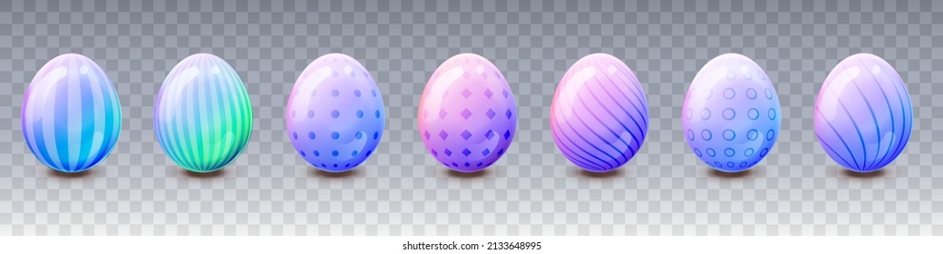 Juego de diferentes huevos realistas 3D, brillantes, dorados, holográficos de Pascua aislados en fondo blanco