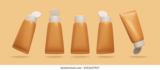 Set of different 3D realistic sunscreen cosmetic products isolated. Orange 3D sunscreen cream and lotion bottles packaging design. Sun safety UV protection, suntan lotion, after sun skincare treatment