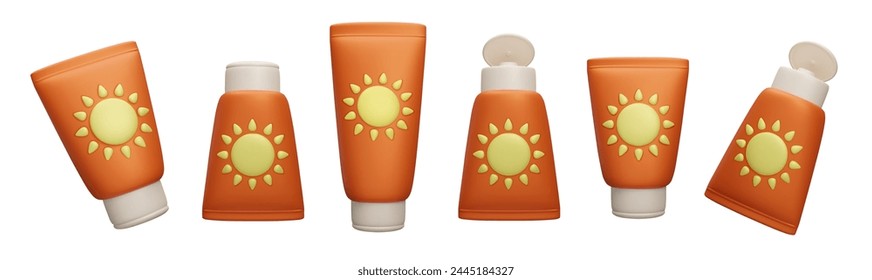 Set of different 3D sunblock packaging bottles vector illustration. Summer skincare SPF sunscreen beauty cosmetics: cream bottles and lotion tubes with cute sun label. UV lights protection skincare 3D