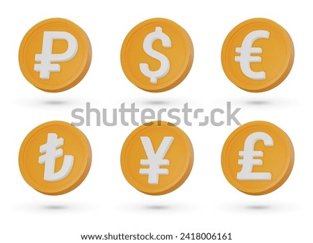 Set with different 3D vector coins. Russian ruble, Yen, Dollar, Euro, Pound Sterling, Turkish Lira. Currency symbols, 3D icons