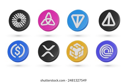 Conjunto con diferentes criptomonedas de Vector 3D. Símbolos de criptomoneda, iconos vectoriales 3D aislados sobre un fondo blanco. Toncoin, Notcoin, BNB, Mantle, USDC y otros.