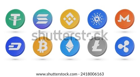 Set with different 3D vector crypto coins. Cryptocurrency symbols, 3D vector icons isolated on a white background. Bitcoin, Etherium, Solana, Dash and others.