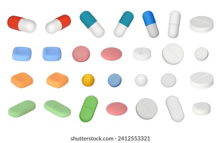 Set of different 3D vector pills. Medicines, tablets, capsules, drug of painkillers, antibiotics, vitamins. Healthcare medicines. Vector illustration in cartoon minimal style isolated on white