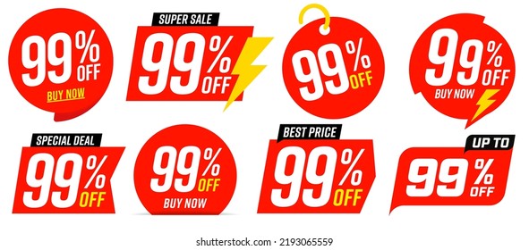 Juego de diferentes tarjetas de promoción de 99 puntos porcentuales. Etiqueta roja, pegatina de venta con 99 por ciento de ilustración vectorial aislada en fondo blanco