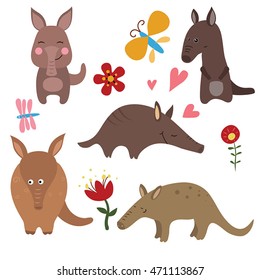 Set of different aardvarks on white background.