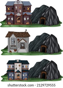Set of different abandoned houses with rock cave  illustration