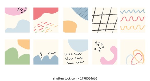 Set of different abstract backgrounds. Hand drawn various shapes and doodle objects. Contemporary modern trendy vector illustrations. Visual design for your social networks, personal blog, shop.