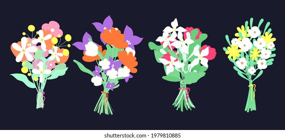 Conjunto de diferentes ramos abstractos de flores aisladas en un fondo oscuro.Ilustración florística vectorial en un estilo moderno.