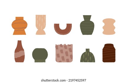 Set of different abstract ceramic vases. Vector illustration on isolated background. Hygge autumn pottery concept