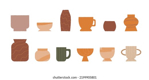 Set of different abstract ceramic vases. Vector illustration on isolated background. Hygge autumn pottery concept