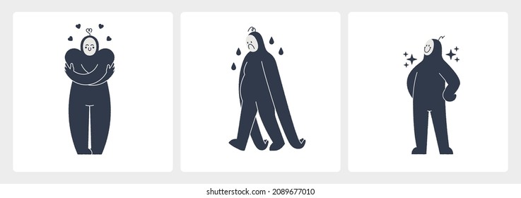 Set of different abstract characters in different poses. Genderless creature with emotions. Vector illustration.