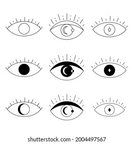 Conjunto de ojos abstractos diferentes. Colección de iconos de línea delgada negra. Ilustración vectorial.